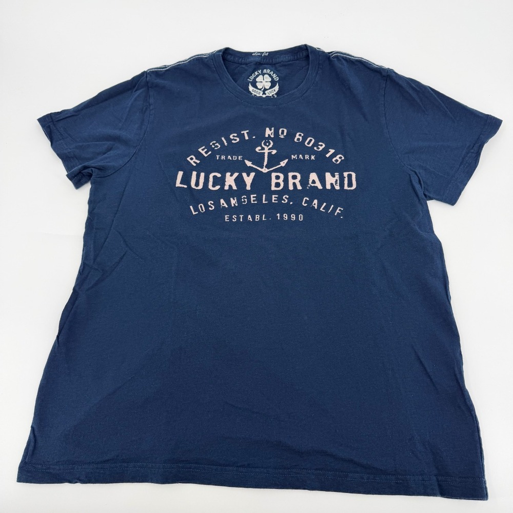 Lucky Brand Mens Slim Fit Graphic T-Shirt‎ Navy Blue Anchor Los Angeles Large